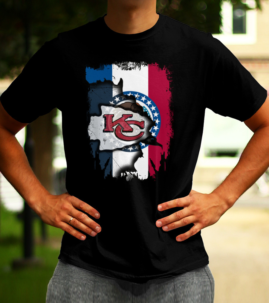 KC Chiefs Logo On Torn Missouri Flag Design Together T-Shirt