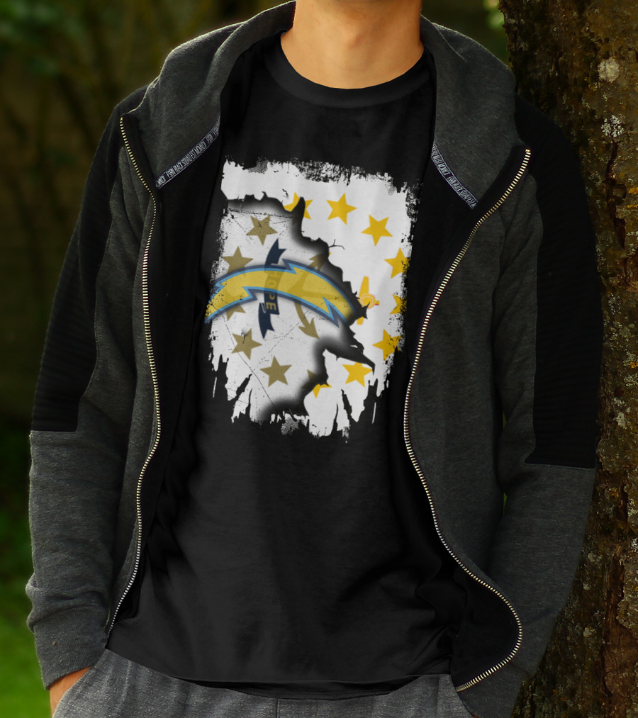 Rhode Island Map With Chargers Logo And Stars T-Shirt