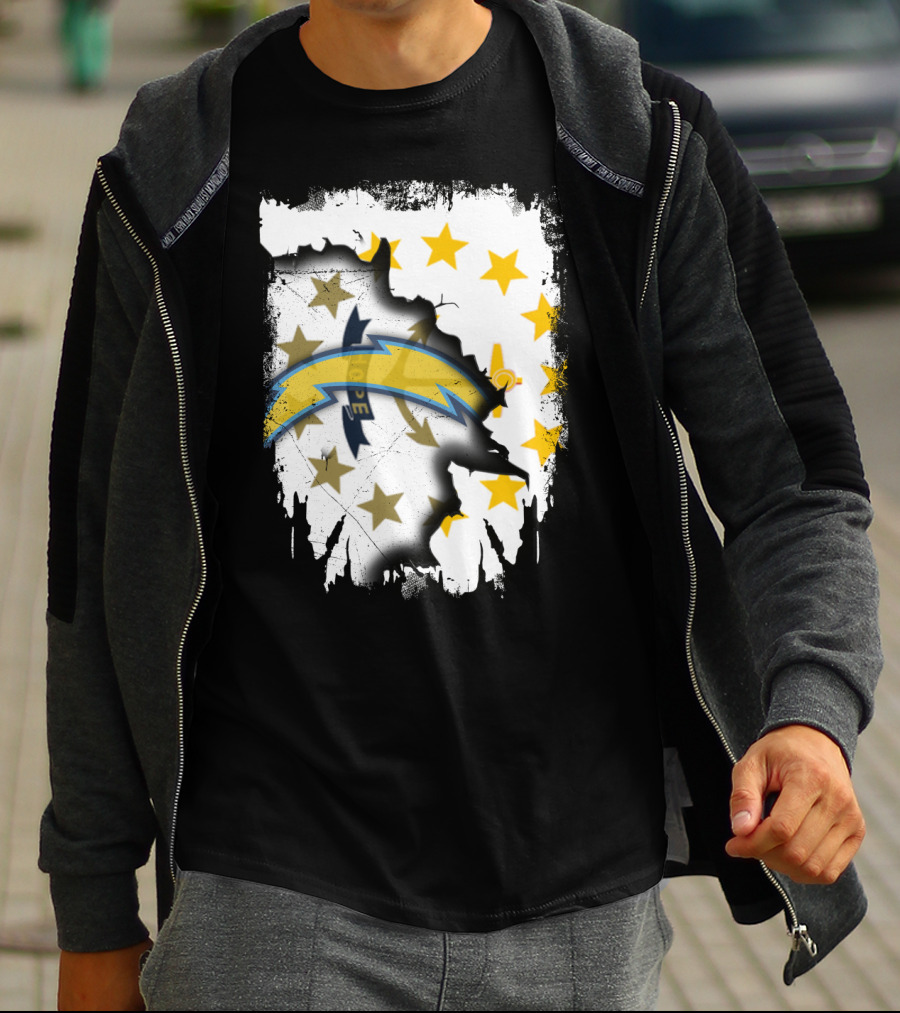 Rhode Island Map With Chargers Logo And Stars T-Shirt