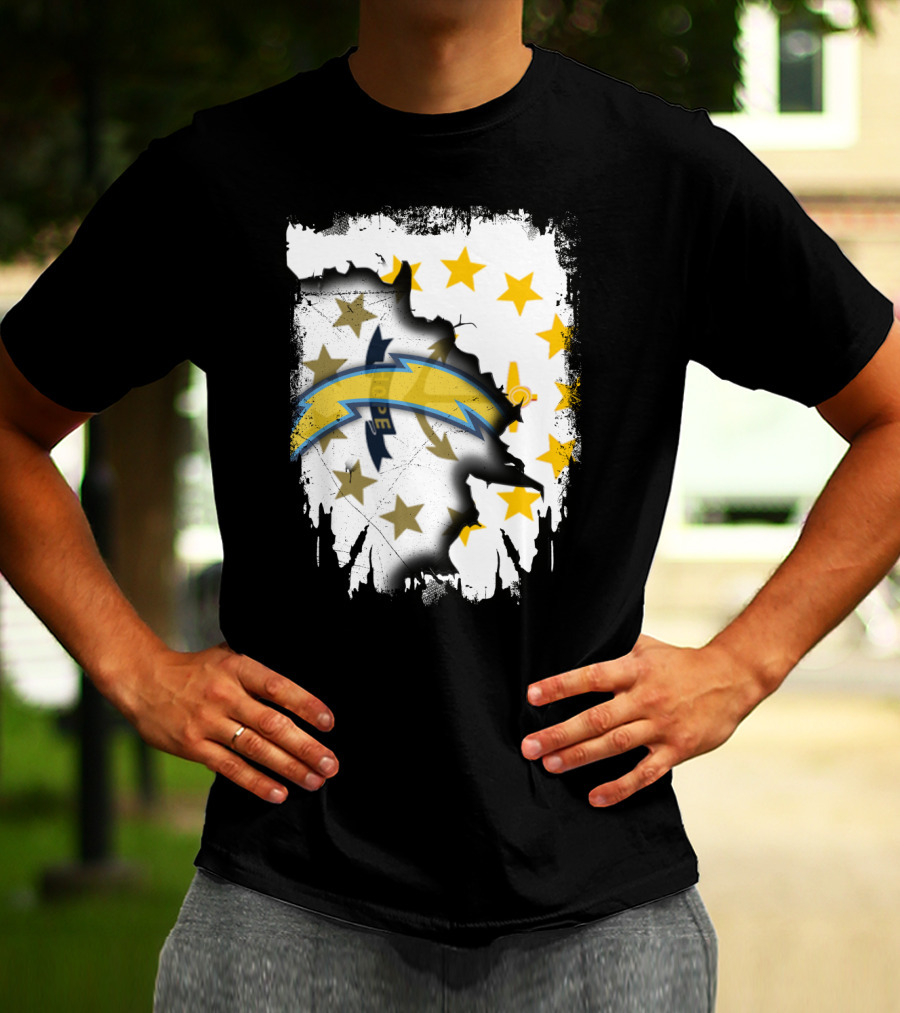 Rhode Island Map With Chargers Logo And Stars T-Shirt