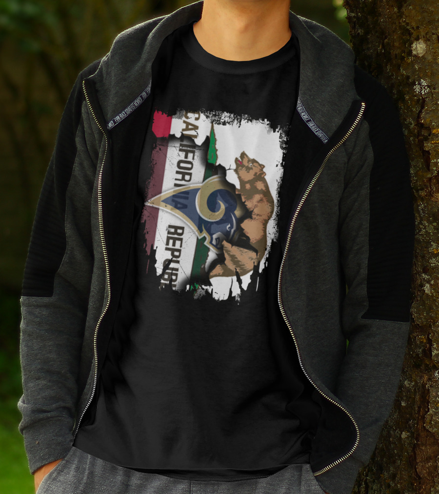 California Republic With Rams Logo Featuring Bear And State Flag T-Shirt