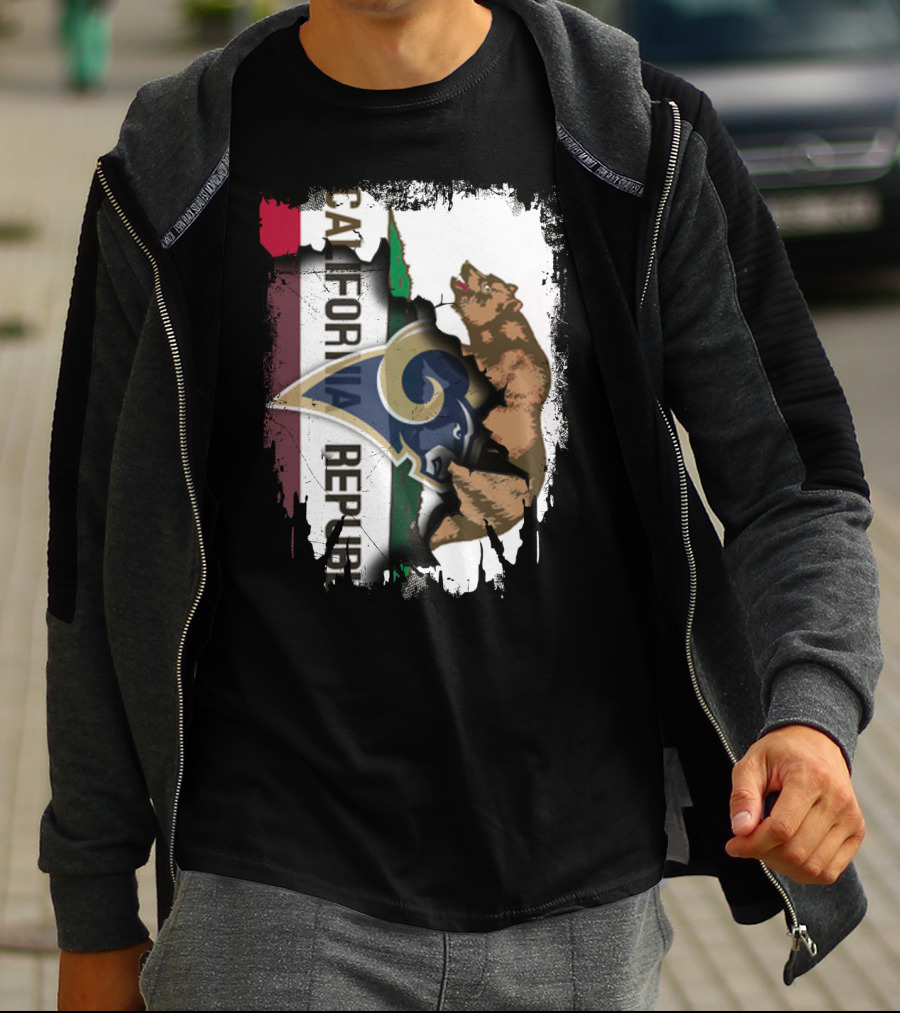 California Republic With Rams Logo Featuring Bear And State Flag T-Shirt