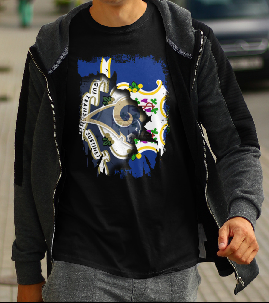 Connecticut Flag And Rams Logo Overlap Qui Transtulit Sustinet T-Shirt