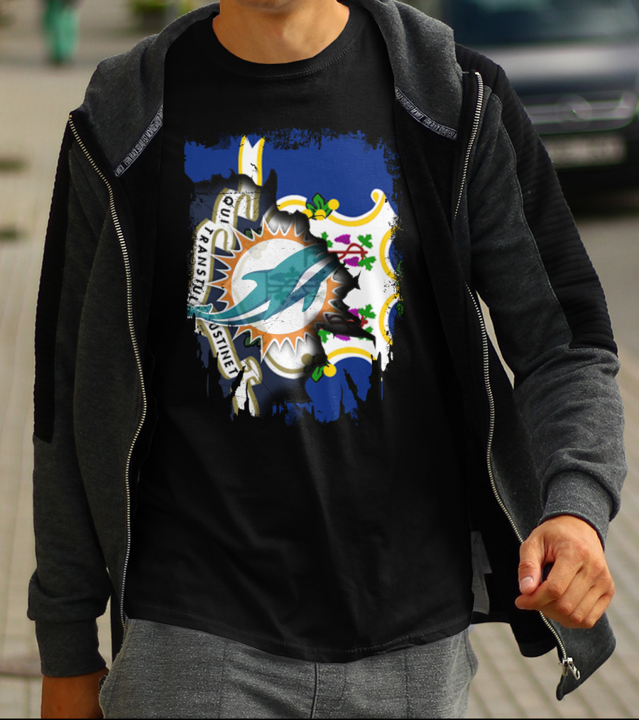 Connecticut State Flag Merged With Miami Dolphins T-Shirt