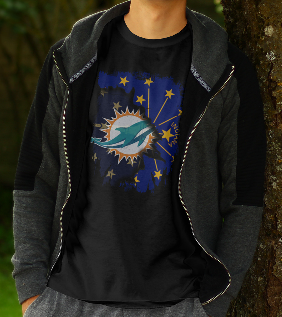 Indiana State Stars With Miami Dolphins Logo Fusion T-Shirt