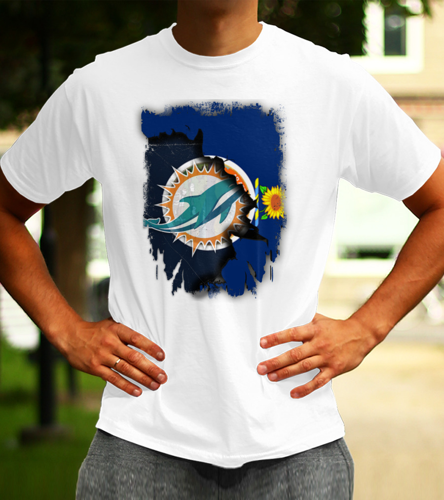 Kansas Flag With Miami Dolphins Logo And Sunflower T-Shirt