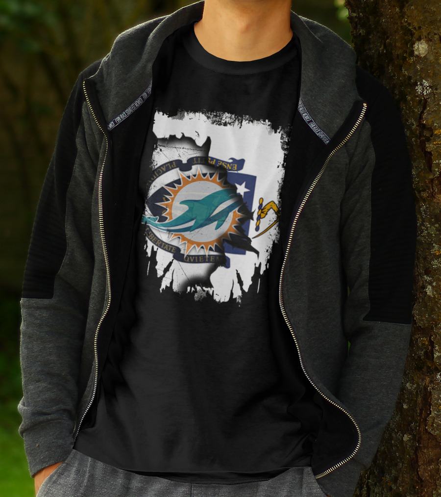 Massachusetts State Crest With Miami Dolphins Logo Integration T-Shirt