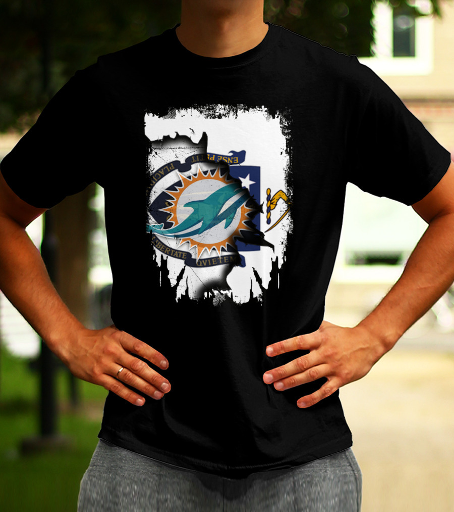Massachusetts State Crest With Miami Dolphins Logo Integration T-Shirt