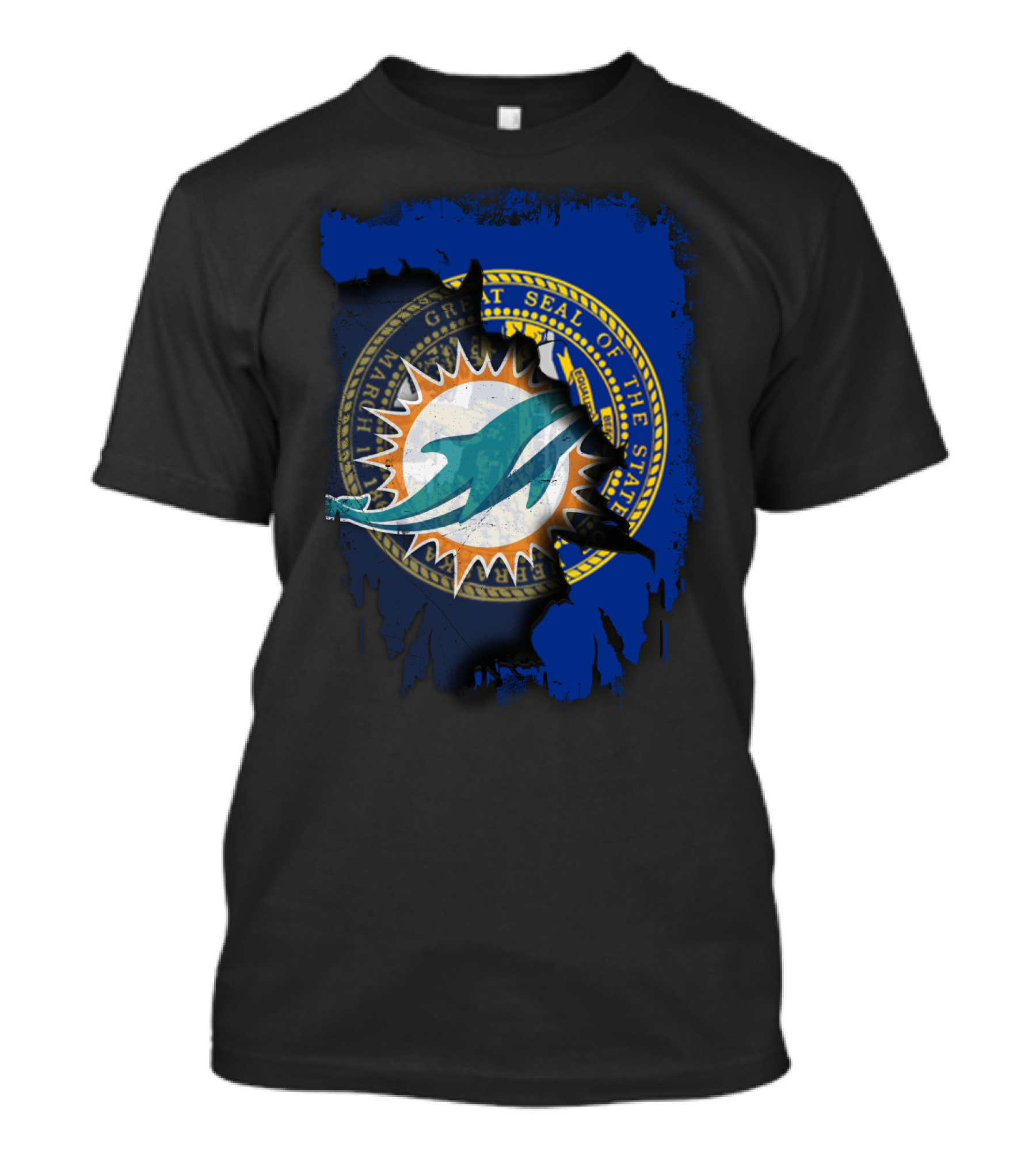 Great Seal Of Nebraska Meets Miami Dolphins Logo Composition T-Shirt
