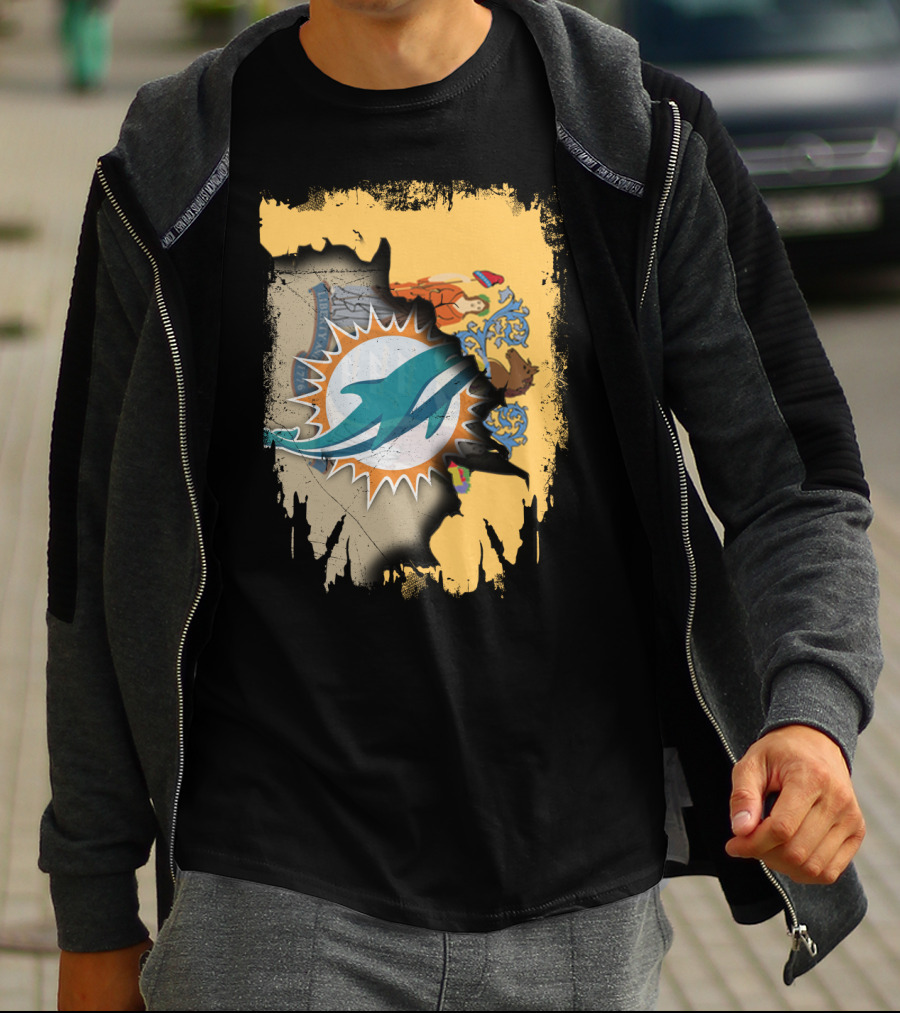 New Jersey Emblem With Miami Dolphins Logo Peeking Through T-Shirt