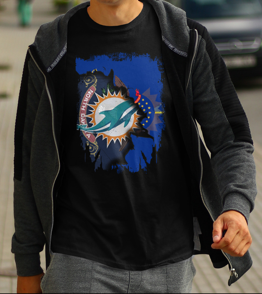 North Dakota State Flag With Dolphins NFL Logo Fusion T-Shirt