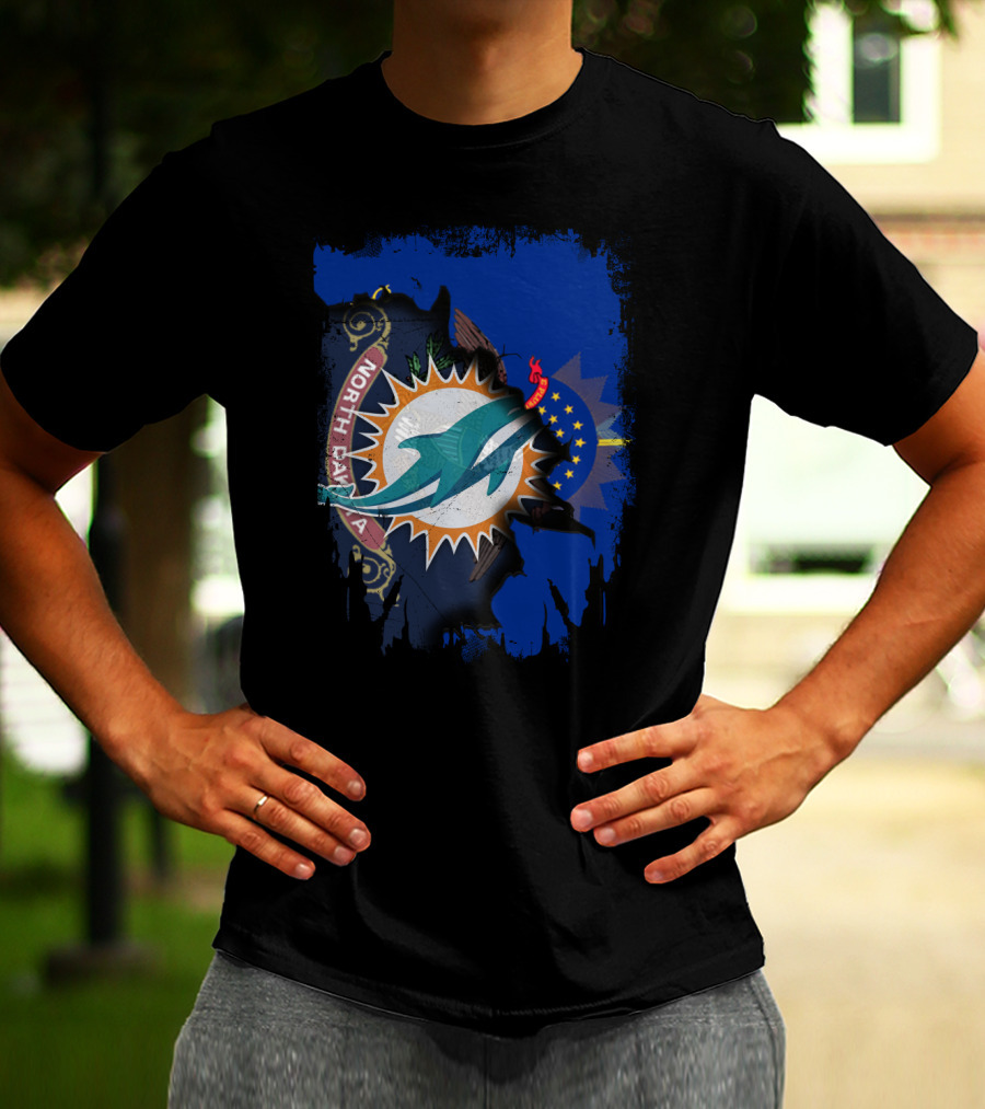 North Dakota State Flag With Dolphins NFL Logo Fusion T-Shirt