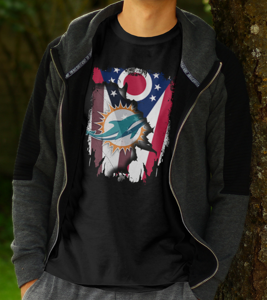Ohio Flag Torn To Reveal Dolphins Logo Fusion T-Shirt