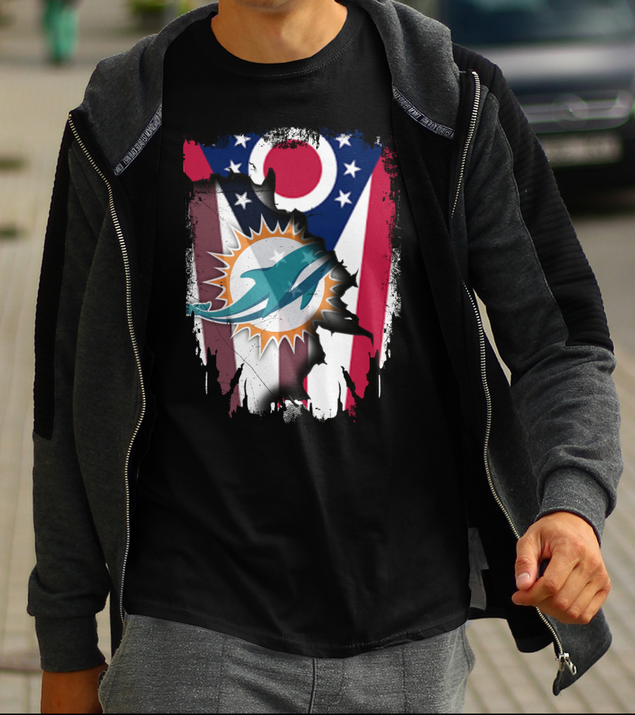 Ohio Flag Torn To Reveal Dolphins Logo Fusion T-Shirt