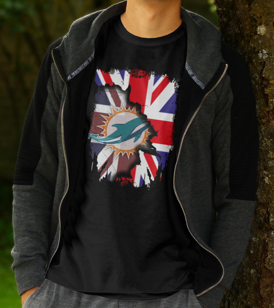 United Kingdom And Miami Dolphins Union Flag Fusion T-Shirt