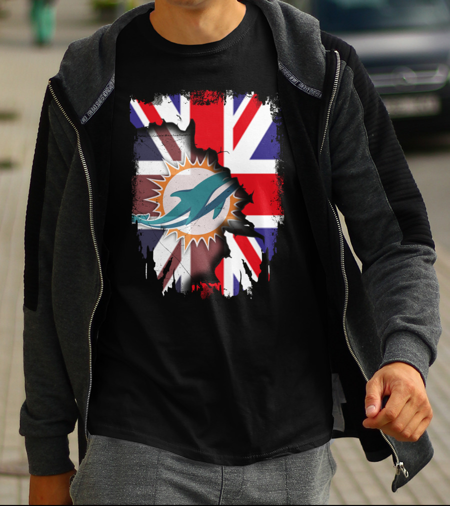 United Kingdom And Miami Dolphins Union Flag Fusion T-Shirt