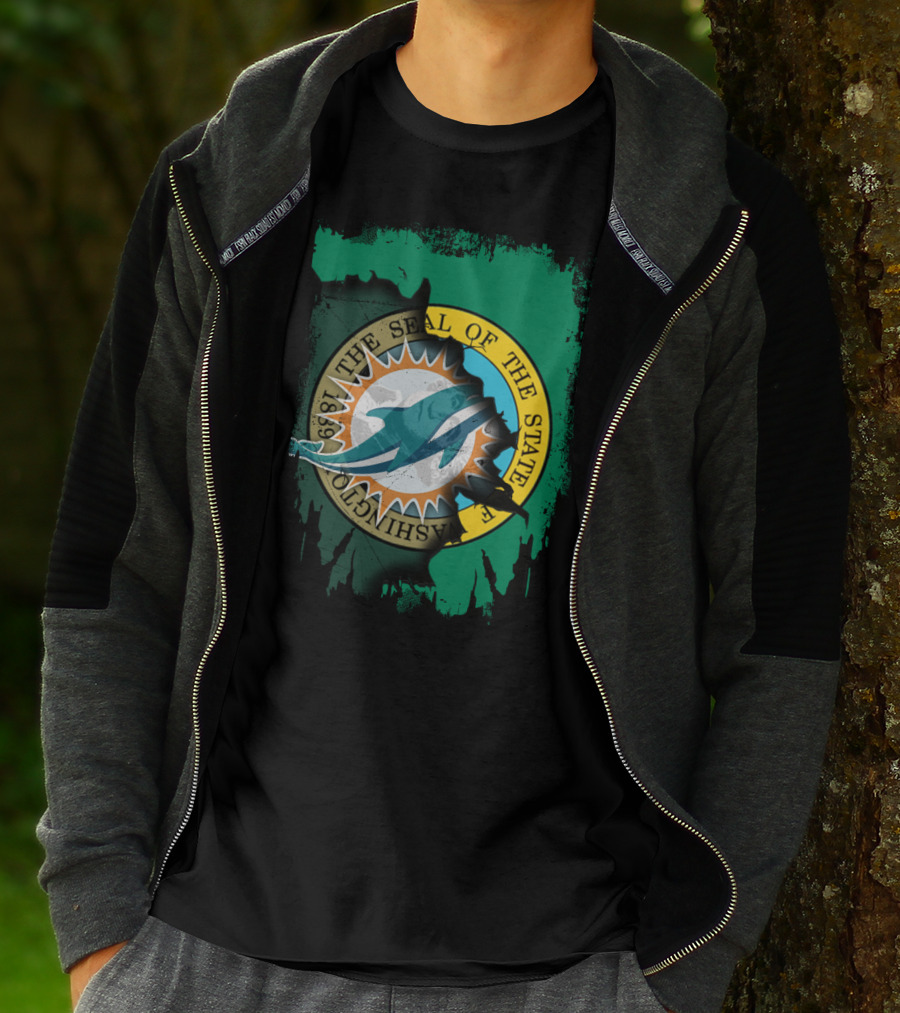 The Seal Of The State Of Washington Dolphins Logo Fusion T-Shirt