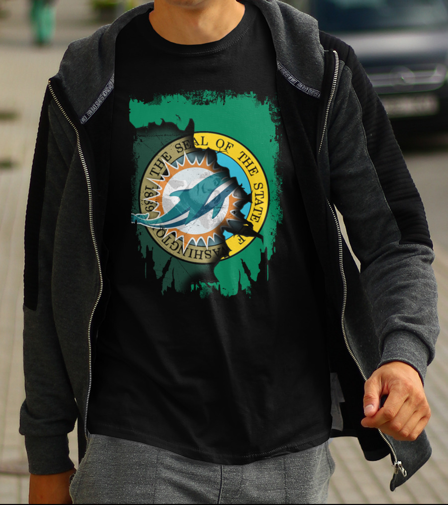 The Seal Of The State Of Washington Dolphins Logo Fusion T-Shirt