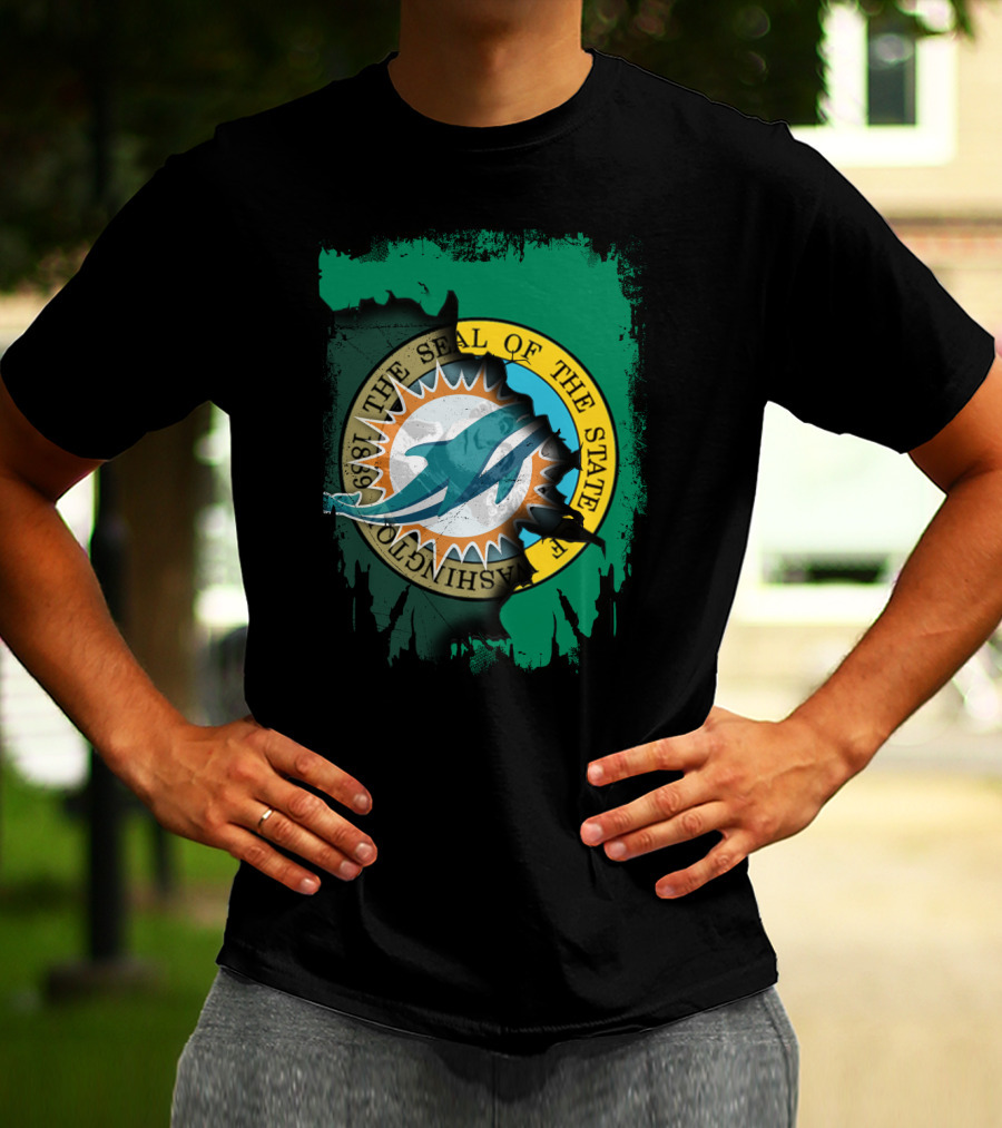 The Seal Of The State Of Washington Dolphins Logo Fusion T-Shirt