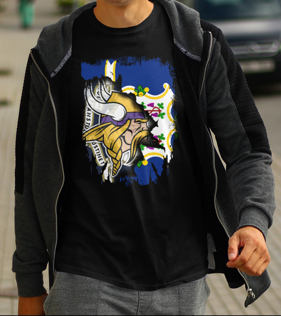 Connecticut State Flag Blended With Vikings Football Team T-Shirt