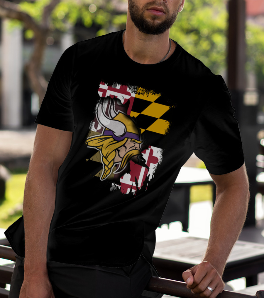 Vikings Helmet Art With Maryland Flag Background T-Shirt