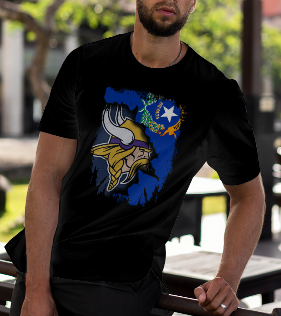 Nevada State Flag Meets Vikings Helmet Emblem T-Shirt