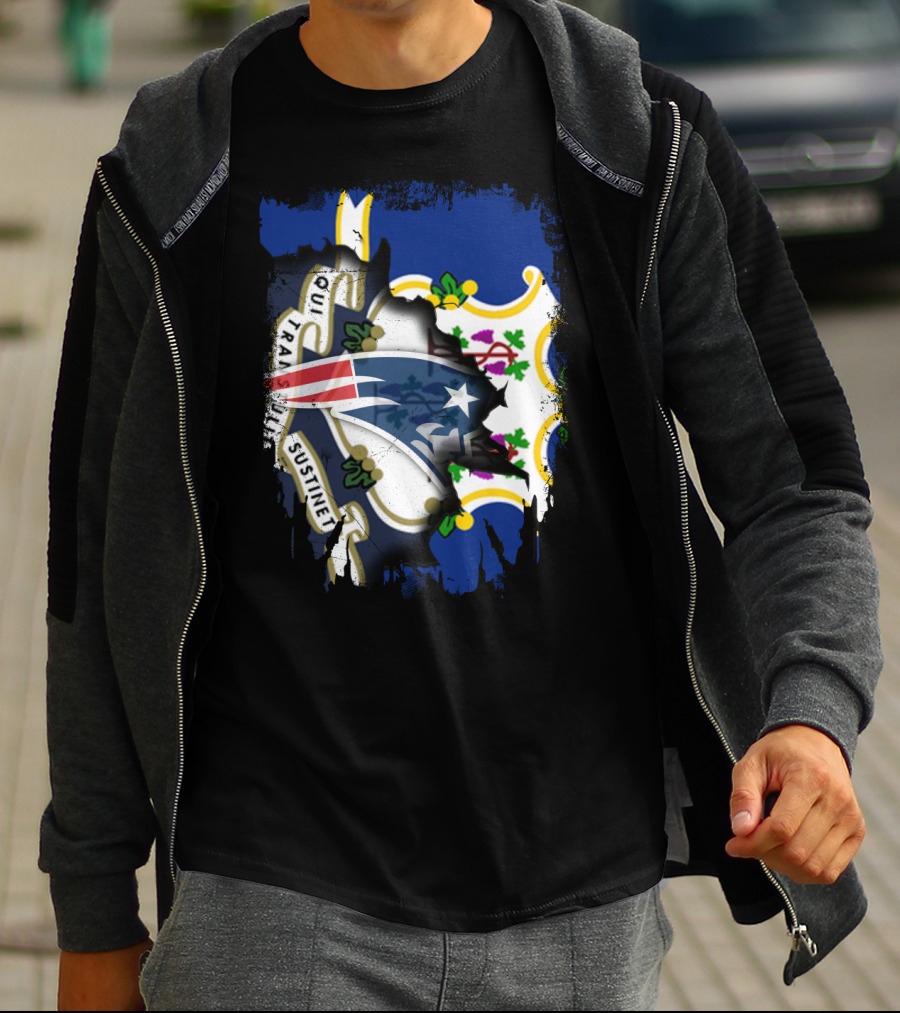 Connecticut State Flag With Patriots Logo And Qui Transtulit Sustinet T-Shirt