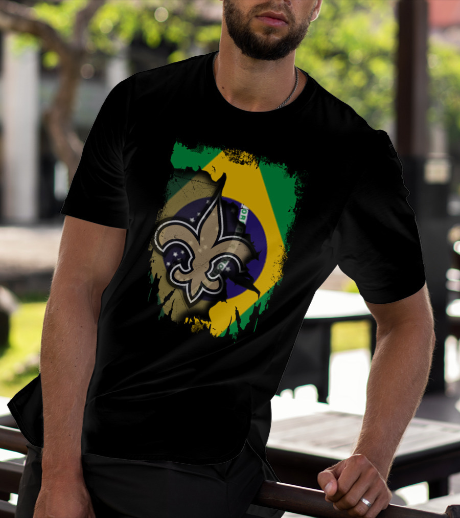 Brazilian Flag With New Orleans Saints Fleur-de-Lis Emblem T-Shirt