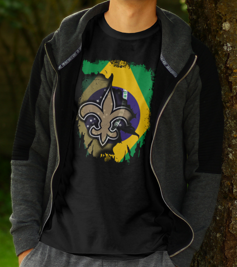 Brazilian Flag With New Orleans Saints Fleur-de-Lis Emblem T-Shirt