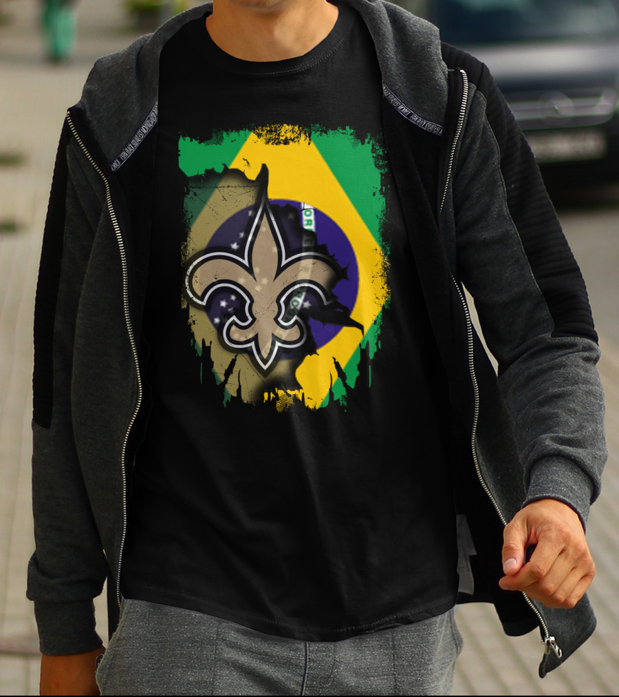 Brazilian Flag With New Orleans Saints Fleur-de-Lis Emblem T-Shirt