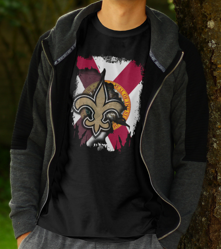 Florida State Flag With New Orleans Saints Fleur-de-Lis T-Shirt