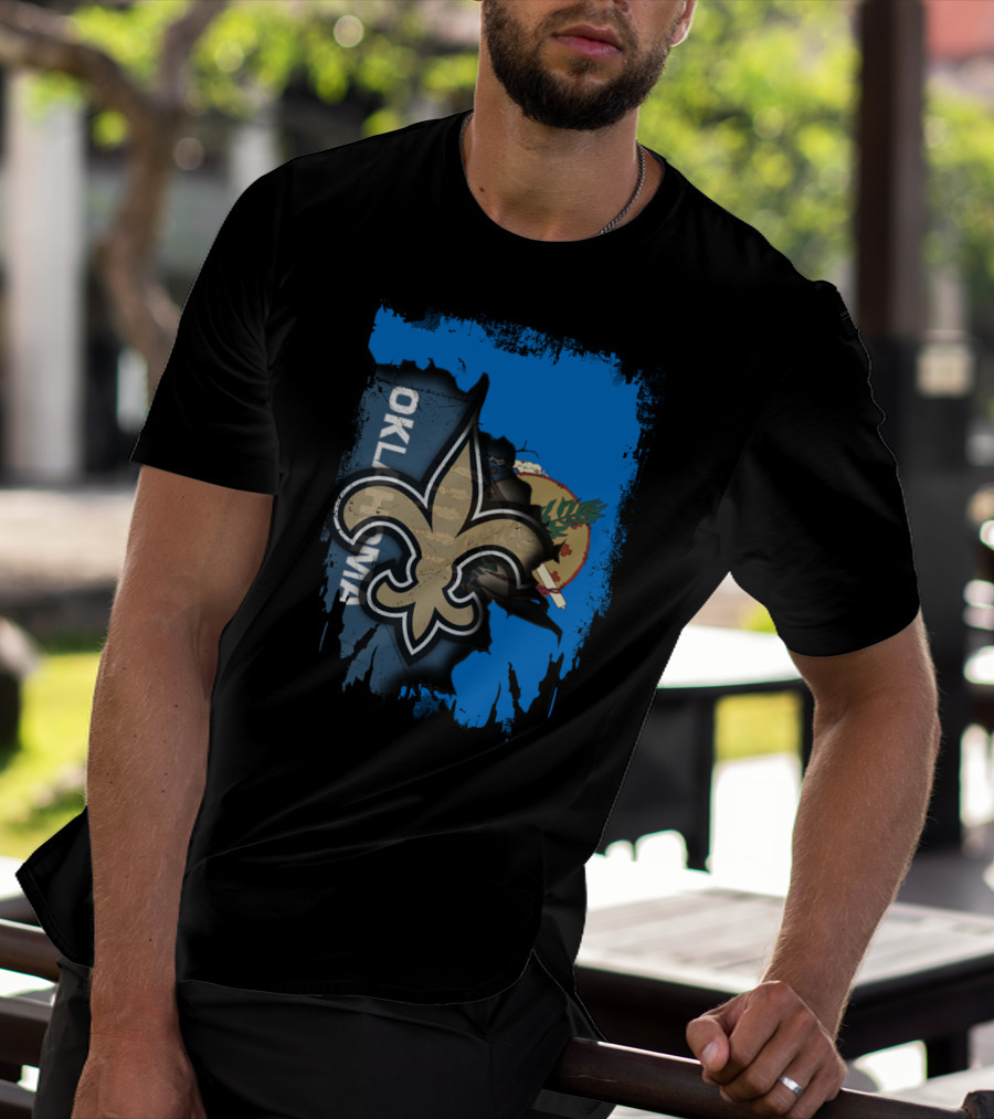 Oklahoma State Flag With New Orleans Saints Fleur-de-Lis T-Shirt