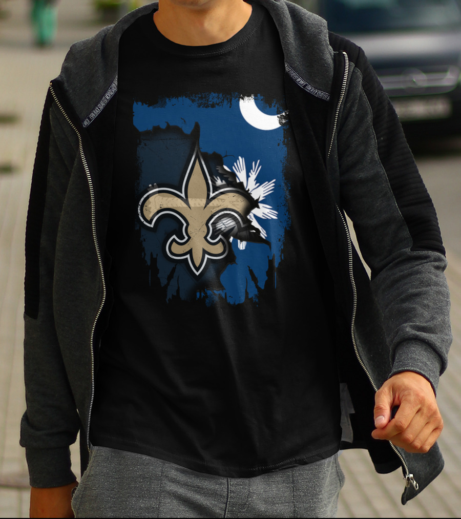 Together South Carolina With New Orleans Saints Fleur-De-Lis Moon Palmetto Tree T-Shirt
