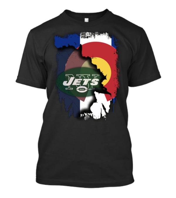 Colorado State Flag With Jets Football Logo In Torn T-Shirt