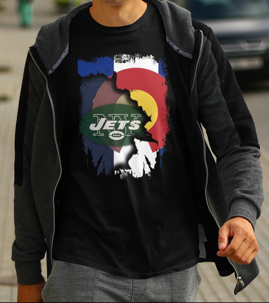 Colorado State Flag With Jets Football Logo In Torn T-Shirt