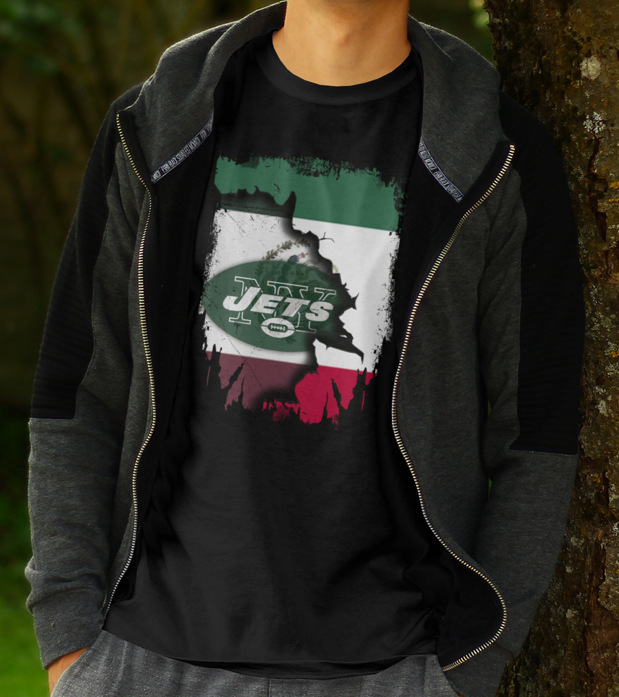 Mexico Flag Background With NY Jets Logo And Aztec Eagle T-Shirt