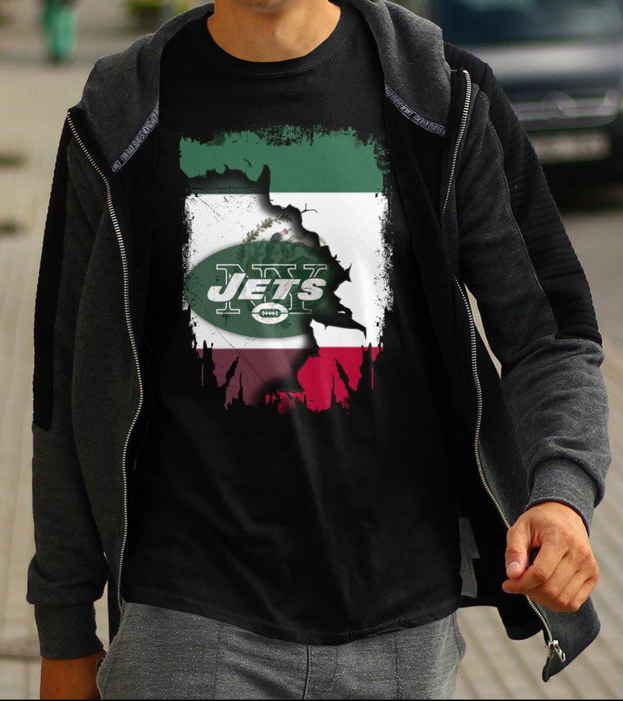 Mexico Flag Background With NY Jets Logo And Aztec Eagle T-Shirt