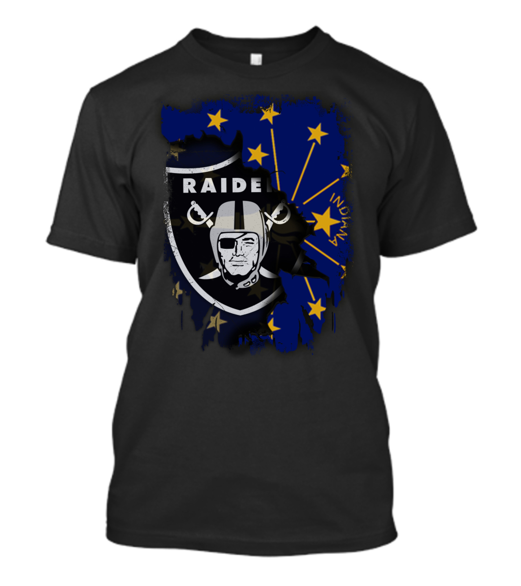 Raiders Logo Overlay On Indiana State Flag With Stars And Helmet T-Shirt
