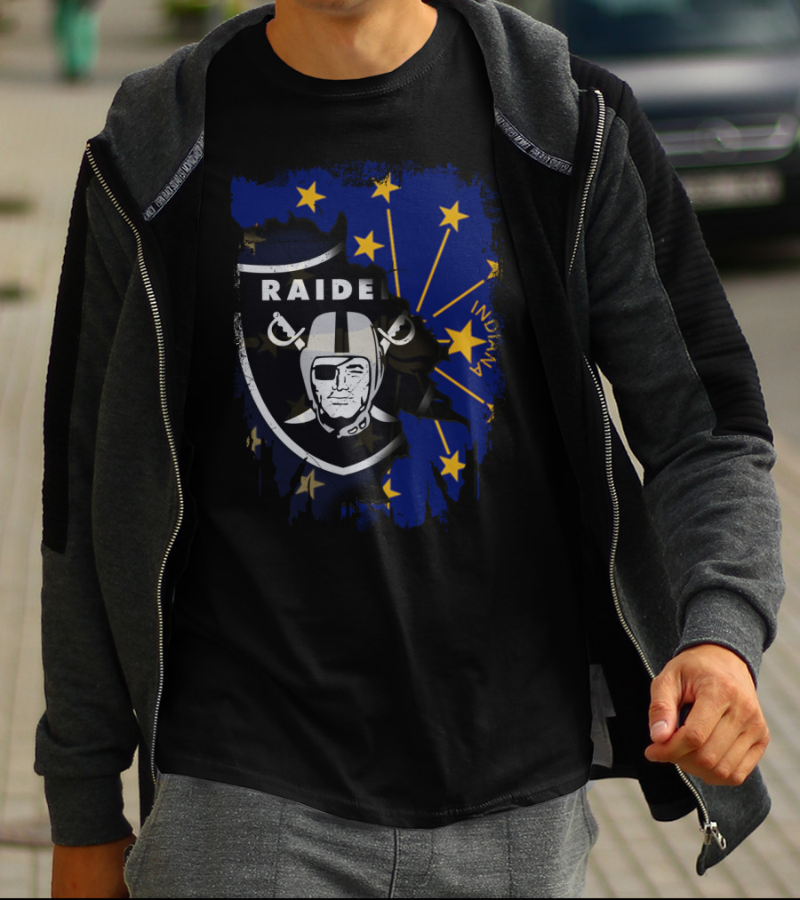 Raiders Logo Overlay On Indiana State Flag With Stars And Helmet T-Shirt
