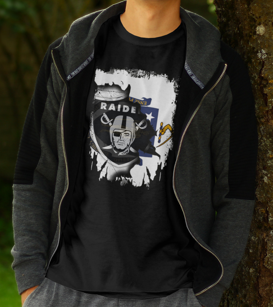 Massachusetts State Flag And Raiders Logo Fusion T-Shirt
