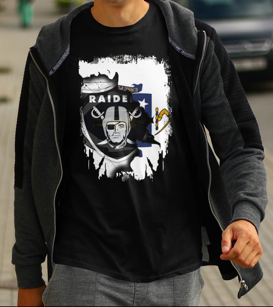 Massachusetts State Flag And Raiders Logo Fusion T-Shirt