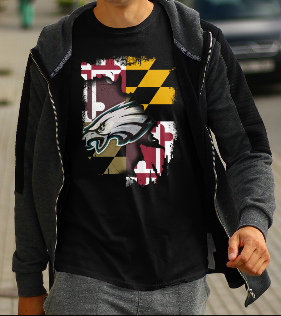 Maryland Pride Together With Eagles Logo Over State Flag T-Shirt