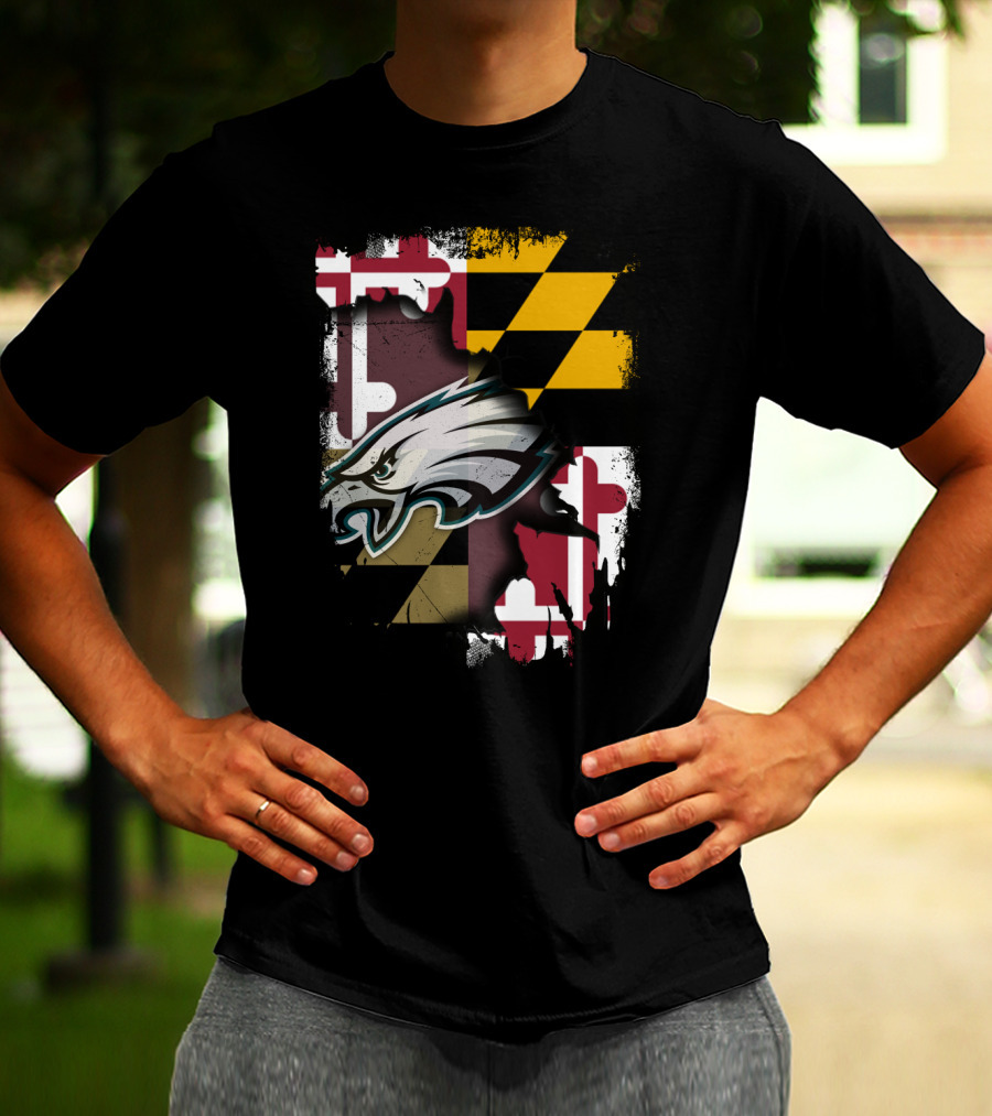 Maryland Pride Together With Eagles Logo Over State Flag T-Shirt