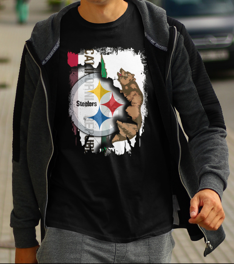California Bear With Steelers Logo Fusion T-Shirt