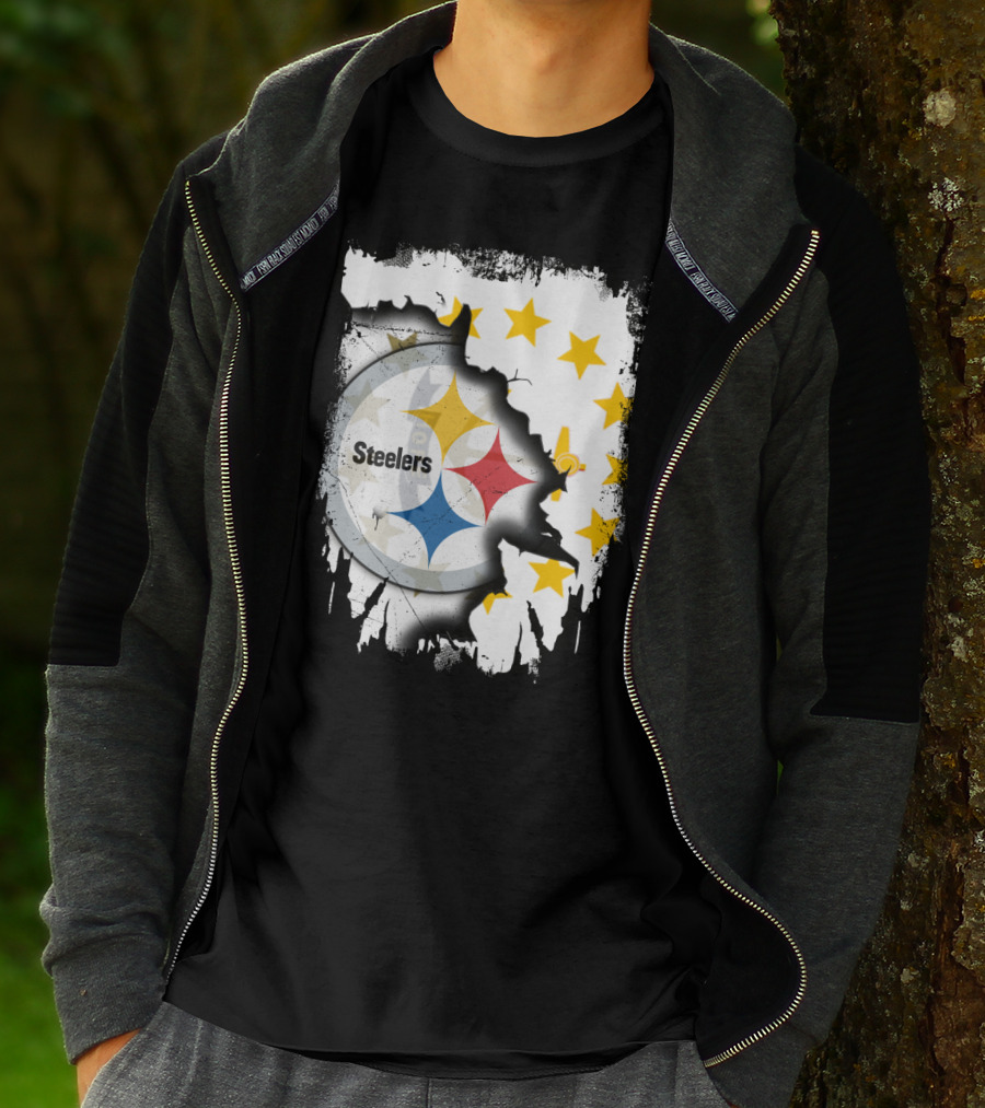 Steelers Logo With Rhode Island Stars And Torn Effect T-Shirt