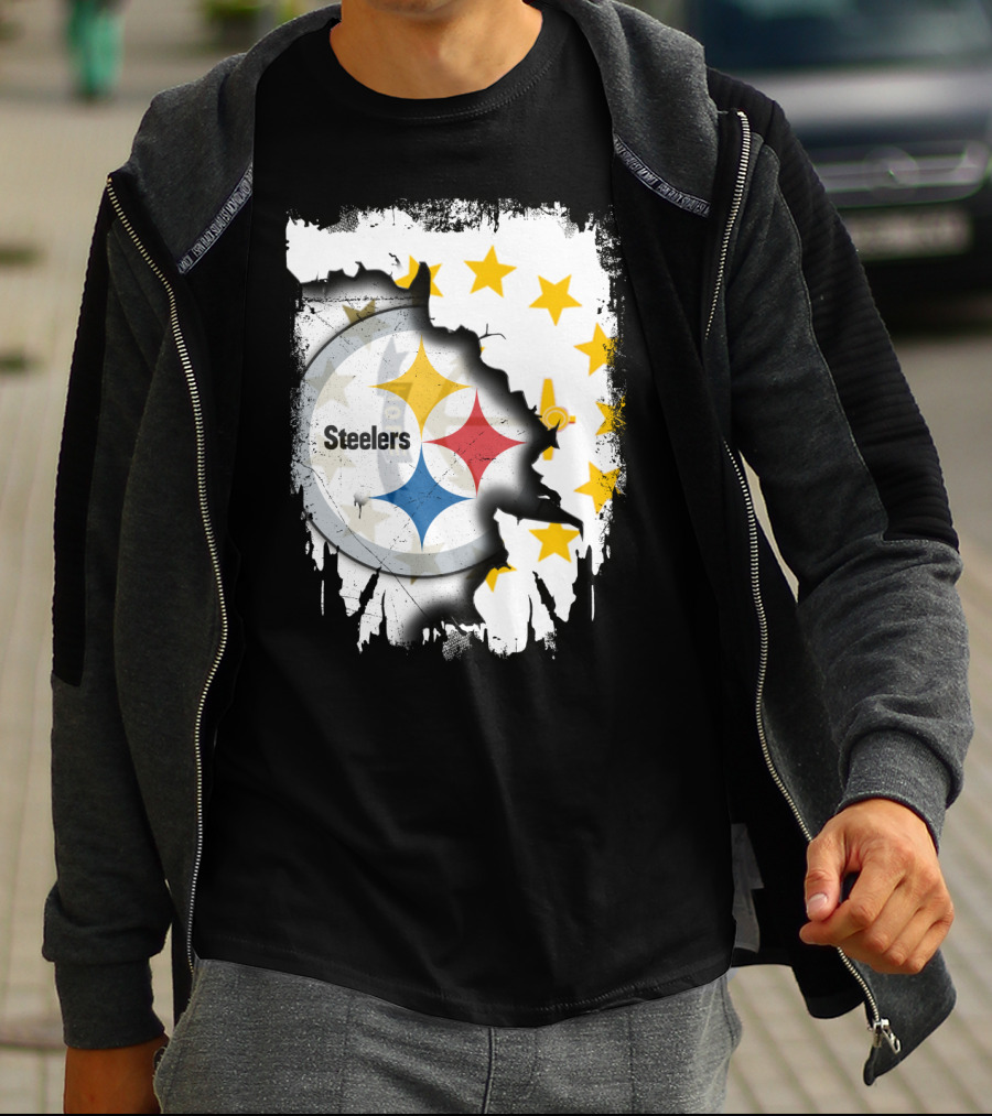 Steelers Logo With Rhode Island Stars And Torn Effect T-Shirt