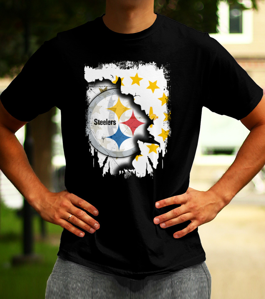 Steelers Logo With Rhode Island Stars And Torn Effect T-Shirt