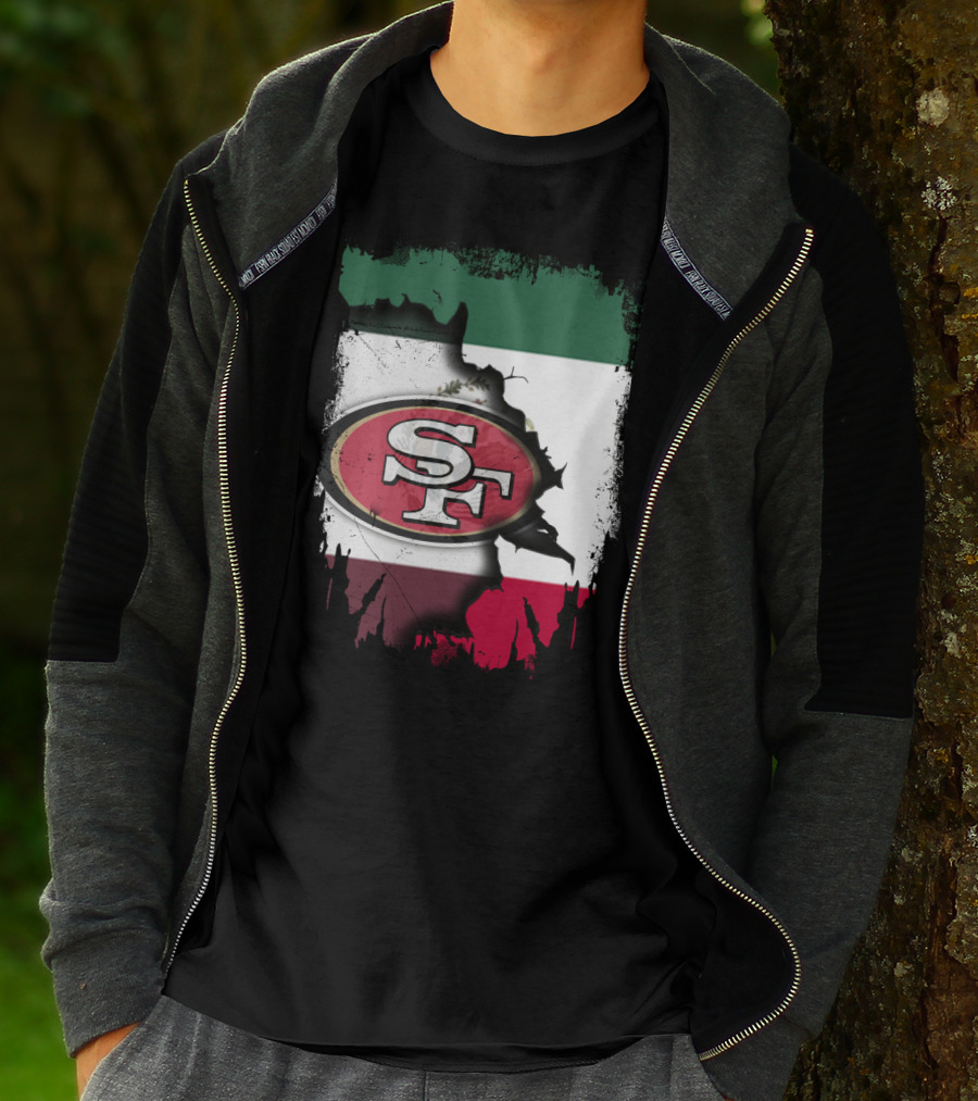 Together Mexico With 49ers SF Logo Mexican Flag Background T-Shirt