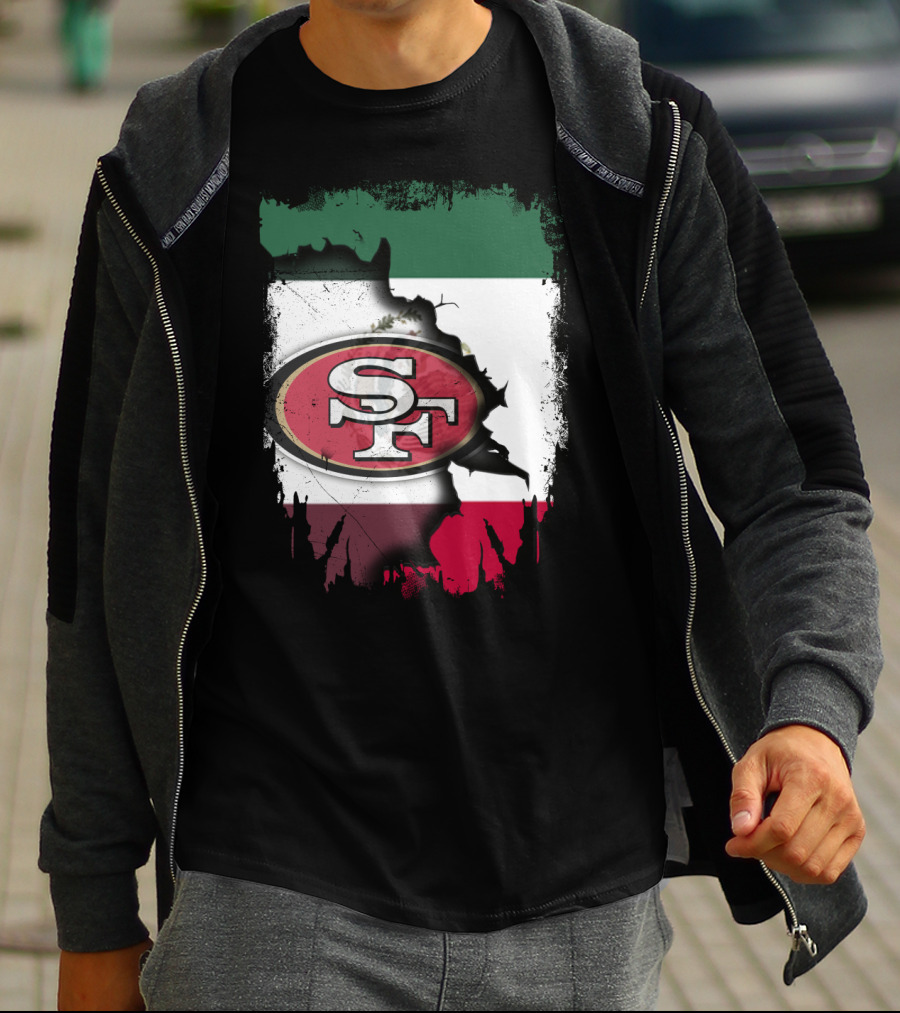 Together Mexico With 49ers SF Logo Mexican Flag Background T-Shirt