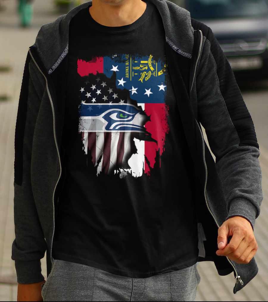 Georgia State Flag With Seahawks Logo And American Flag Elements T-Shirt